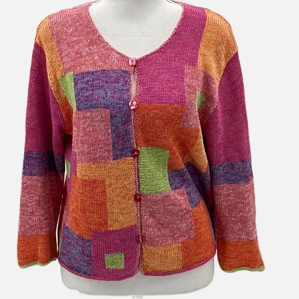 Sigrid Olsen Sport Linen Blend 3/4 Sleeve Patchwork Knit Cardigan - Small Petite